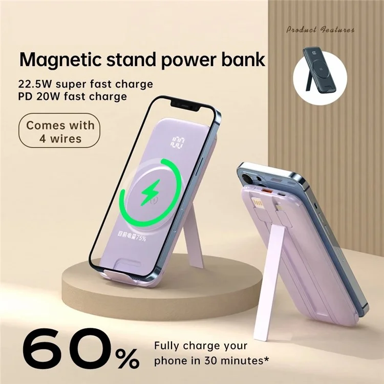CYKE P3 Batterie Externe 20000mAh Affichage Numérique Avec 4 Câbles Intégrés Chargeur Téléphone Sans Fil Magnétique - Bleu Foncé
