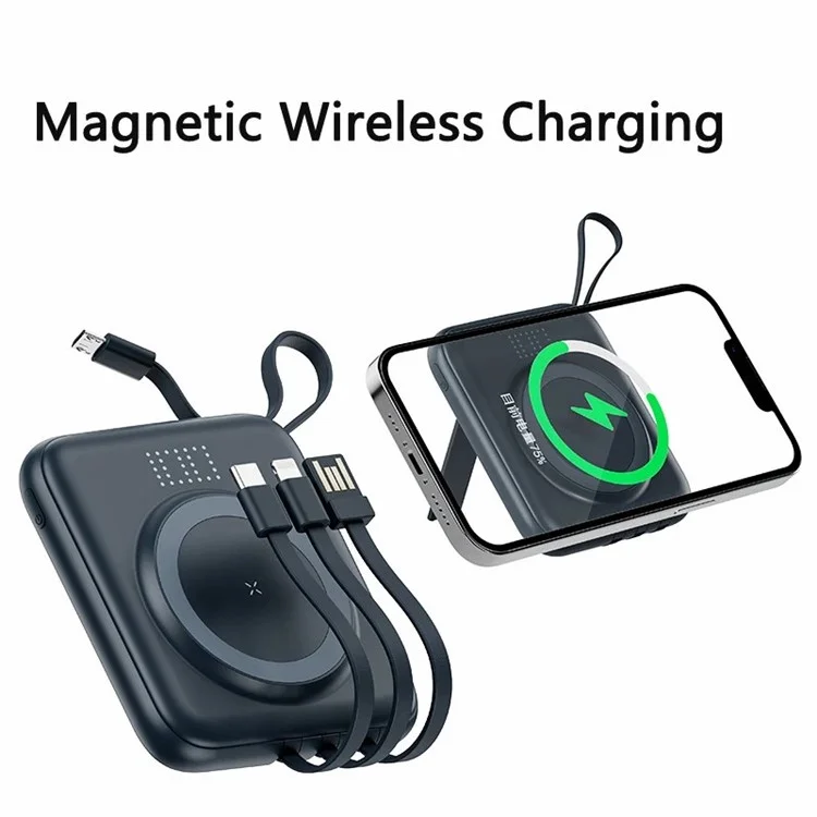 CYKE Q12 10000mAh Magnetic Wireless Charging Mini Power Bank Built-in with 4 Cables - Grey