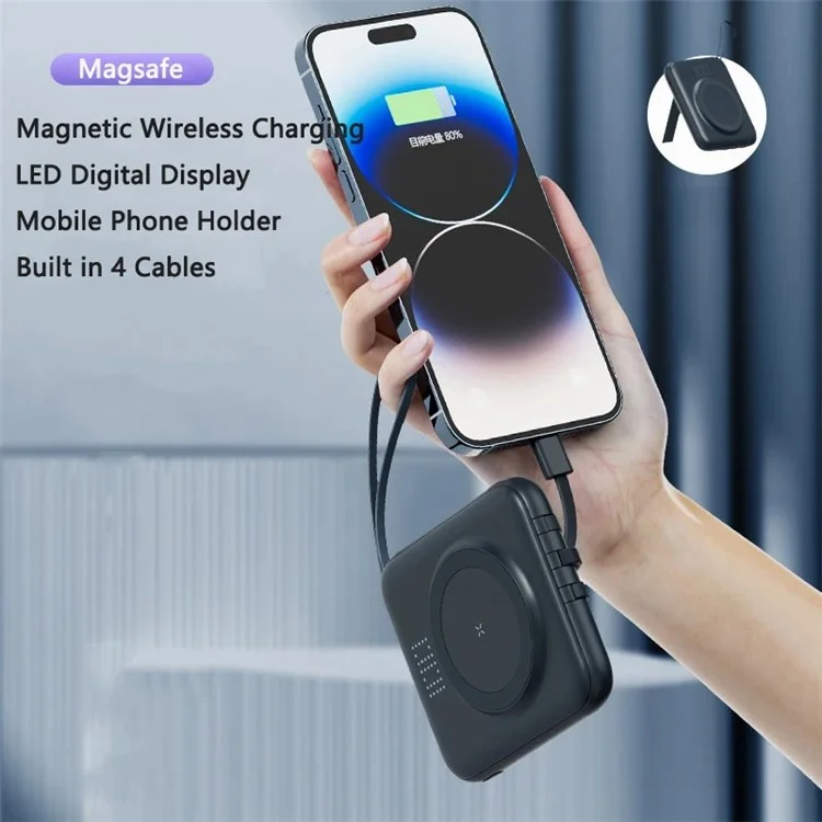 CYKE Q12 10000mAh Magnetic Wireless Charging Mini Power Bank Built-In with 4 Cables - Blue