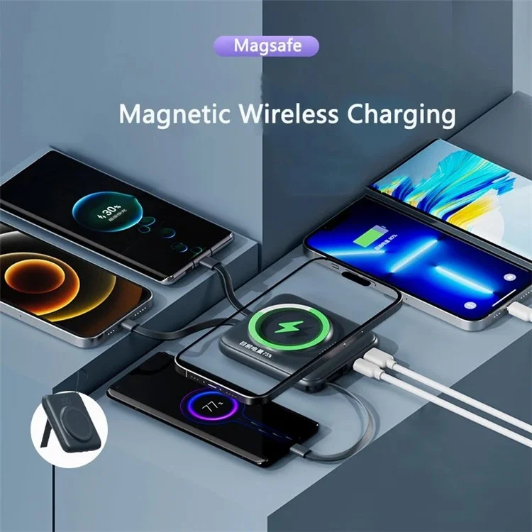 CYKE Q12 10000mAh Magnetic Wireless Charging Mini Power Bank Built-in with 4 Cables - Grey