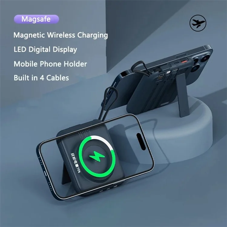 CYKE Q12 10000mAh Magnetic Wireless Charging Mini Power Bank Built-in with 4 Cables - Purple