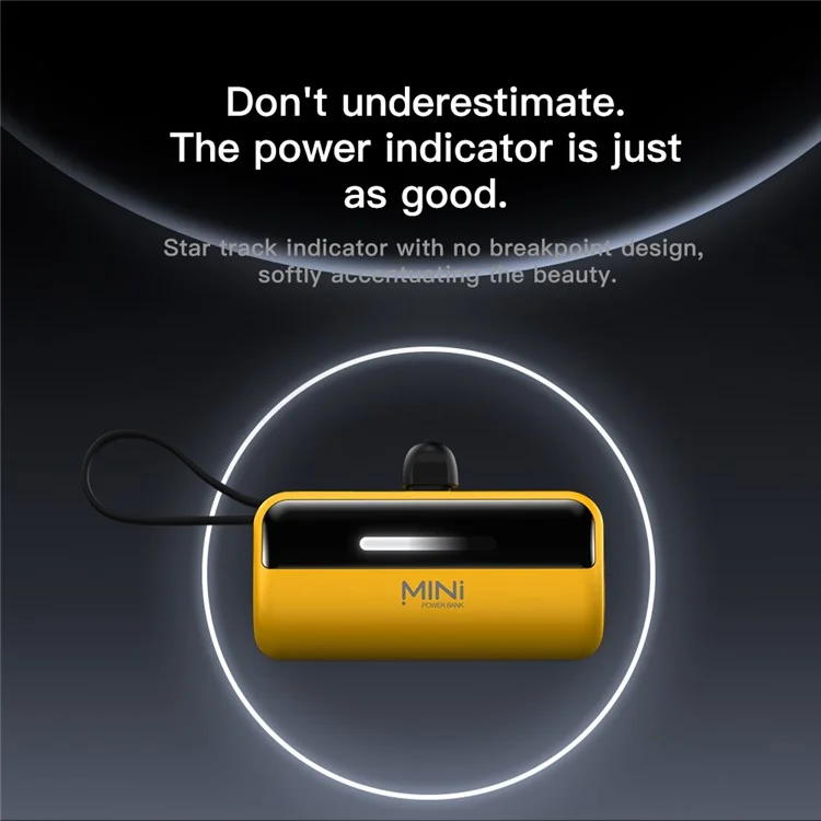 CYKE X3 5000mAh Capsule Shape Power Bank 8Pin Plug Phone External Battery with Built-in Type-C / USB Cable - Black