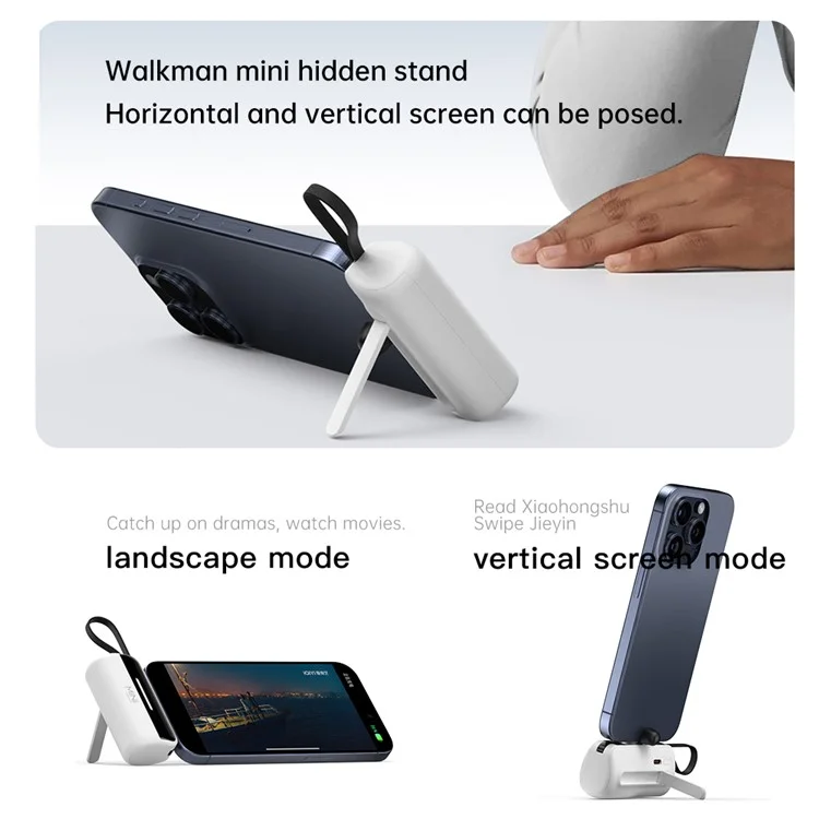 CYKE X3 5000mAh Capsule Shape Power Bank 8Pin Plug Phone External Battery with Built-in Type-C / USB Cable - Black