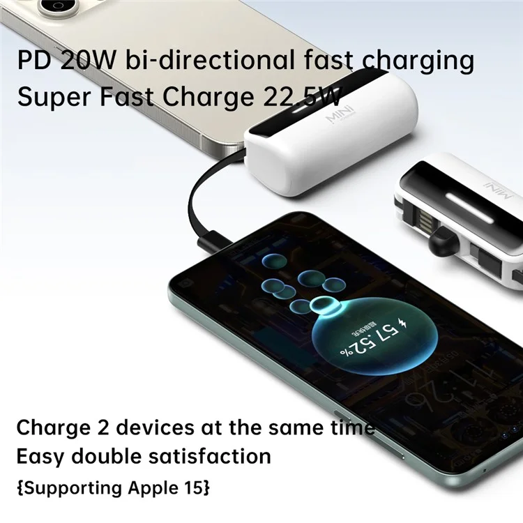 CYKE X3 5000mAh Capsule Shape Power Bank 8Pin Plug Phone External Battery with Built-in Type-C / USB Cable - Black