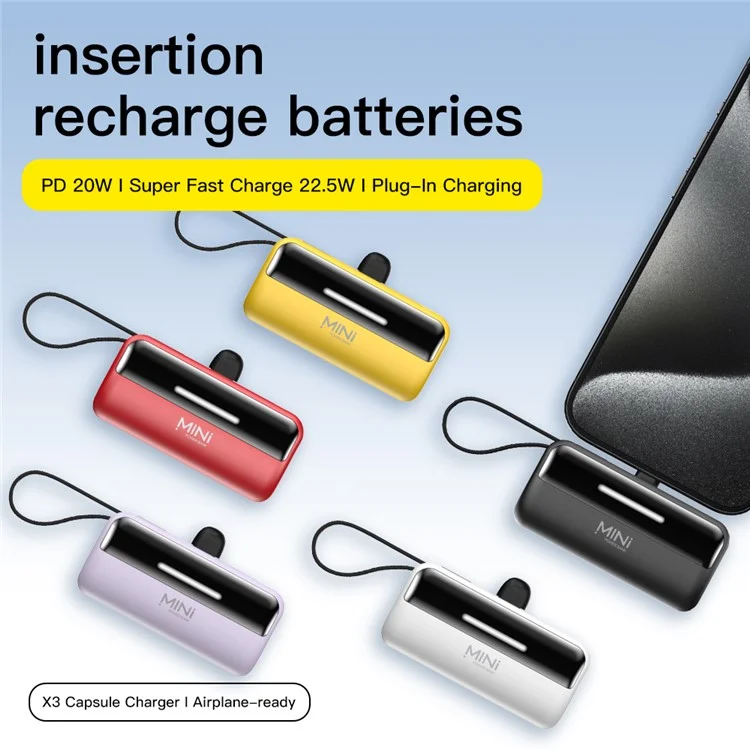 CYKE X3 5000mAh Capsule Shape Power Bank 8Pin Plug Phone External Battery with Built-in Type-C / USB Cable - Black