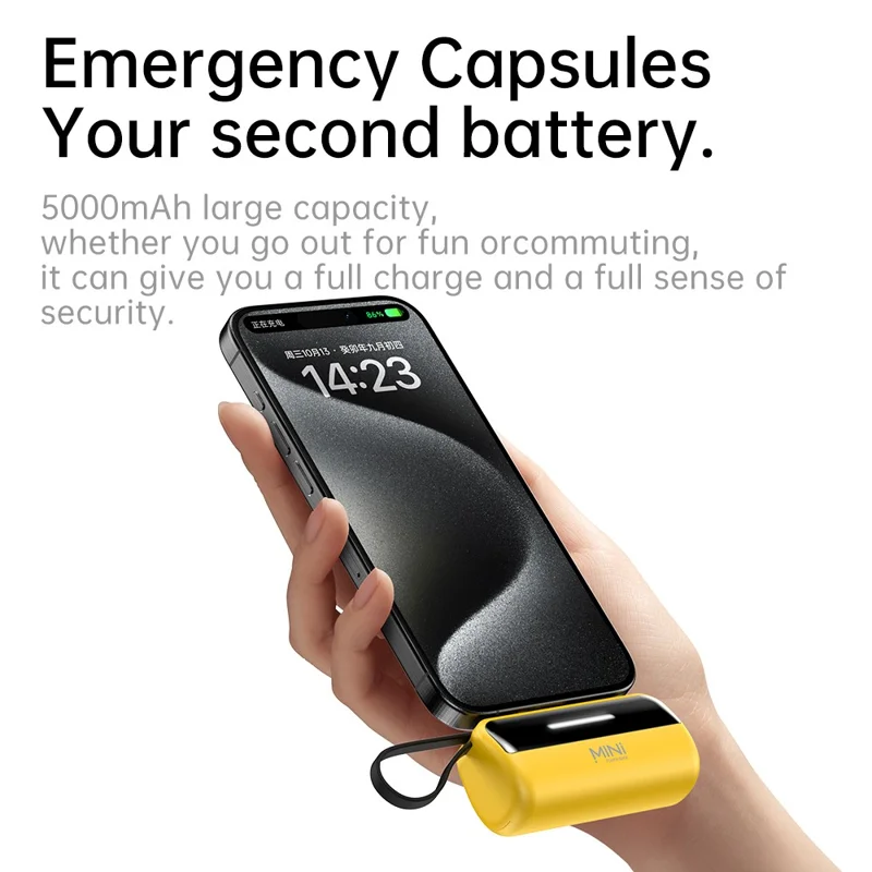 CYKE X3 5000 mAh Powerbank i kapselform med 8-polig stickkontakt, extern batteri för telefon med inbyggd Type-C/USB-kabel – Vit