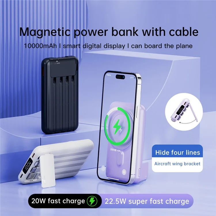 CYKE X1 10000mAh Phone Power Bank Magnetic Wireless Charger with Built-In Cables - Navy Blue