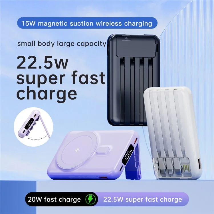 CYKE X1 10000mAh Phone Power Bank Magnetic Wireless Charger with Built-In Cables - Navy Blue