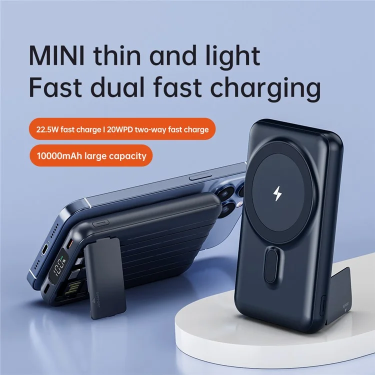CYKE X1 10000mAh Phone Power Bank Magnetic Wireless Charger with Built-In Cables - Navy Blue
