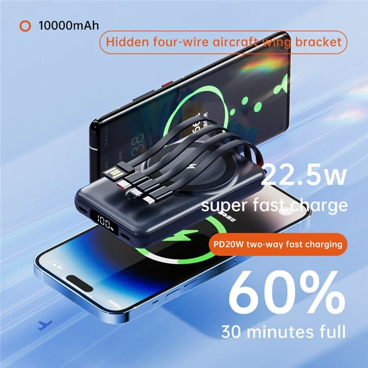 CYKE X1 10000mAh Phone Power Bank Magnetic Wireless Charger with Built-In Cables - Navy Blue