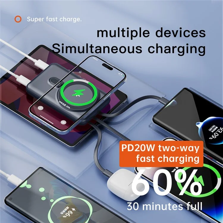 CYKE X1 10000mAh Phone Power Bank Magnetic Wireless Charger with Built-In Cables - Navy Blue