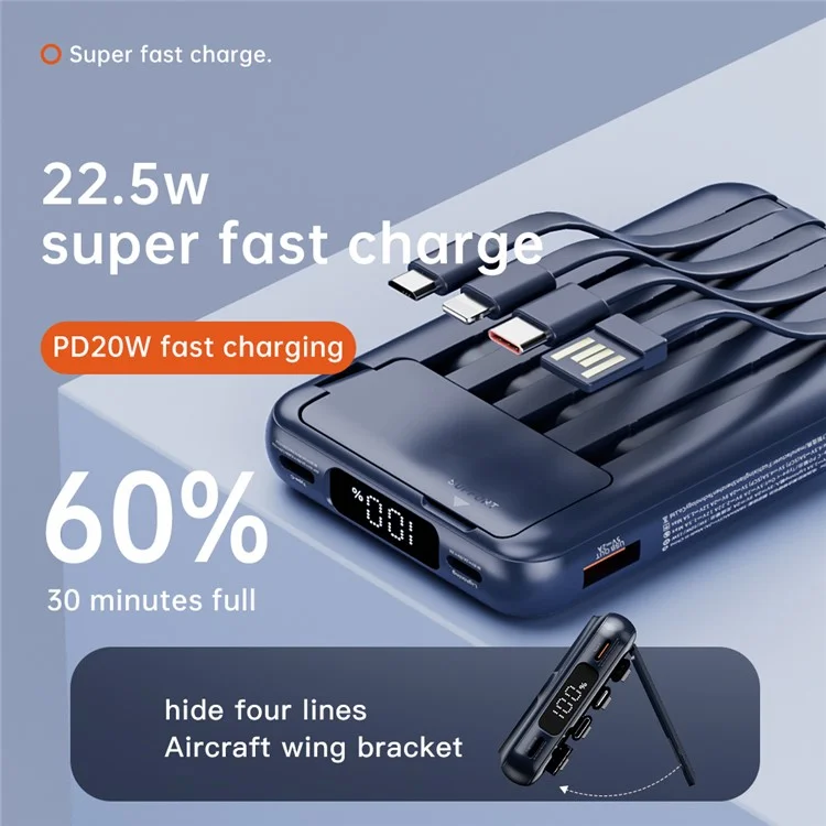 CYKE X1 10000mAh Phone Power Bank Magnetic Wireless Charger with Built-In Cables - Navy Blue