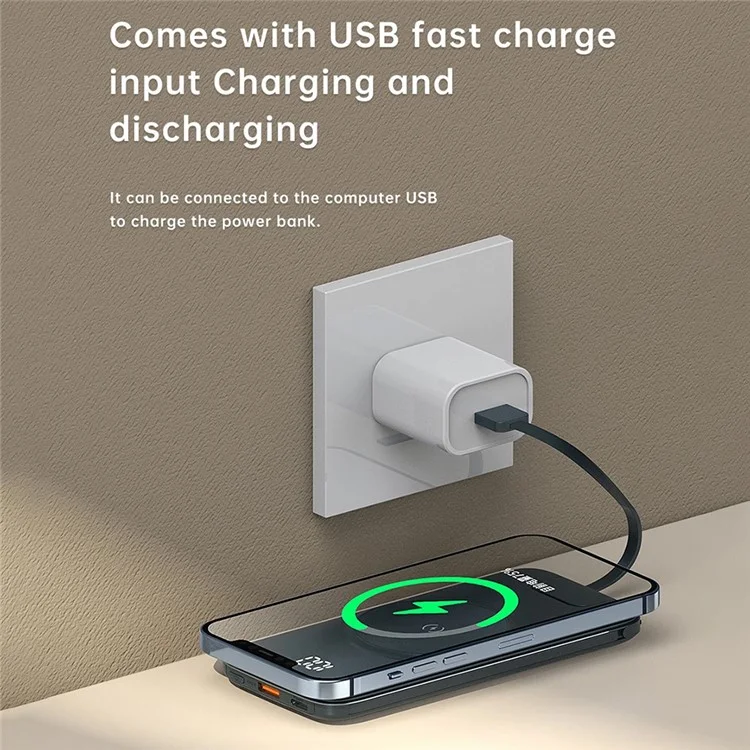 CYKE P3 10000mAh Digital Display Power Bank Built-in 4 Cables Magnetic Phone Wireless Charger - Dark Blue