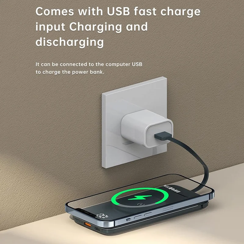 CYKE P3 10000mAh Digital Display Power Bank Built-in 4 Cables Magnetic Phone Wireless Charger - White