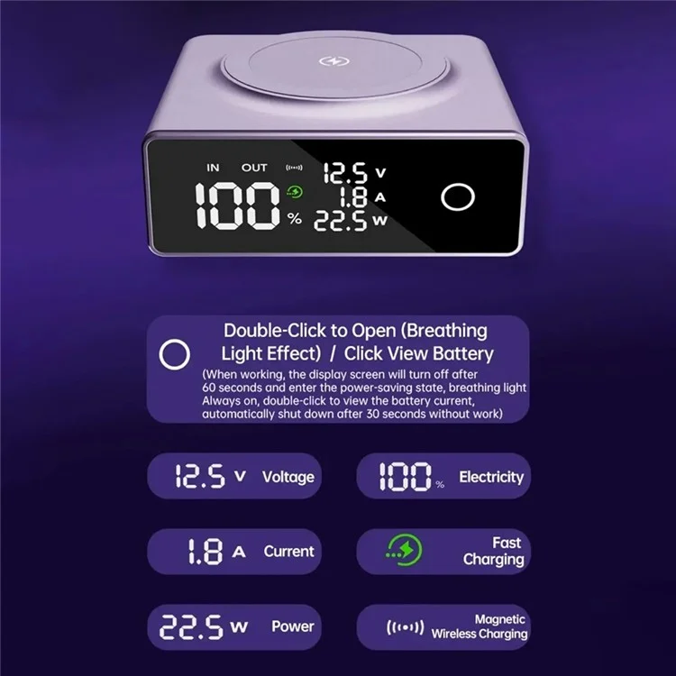 Batterie de secours CYKE Q7 20000mAh avec affichage numérique, chargeur sans fil magnétique 15W - Violet
