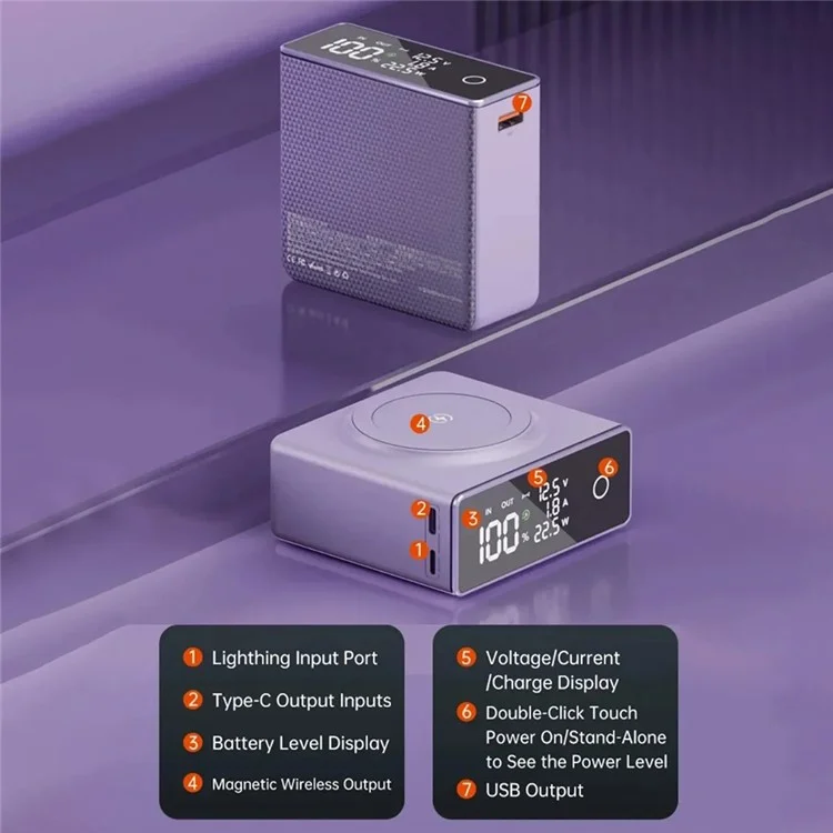 Batterie de secours CYKE Q7 20000mAh avec affichage numérique, chargeur sans fil magnétique 15W - Violet