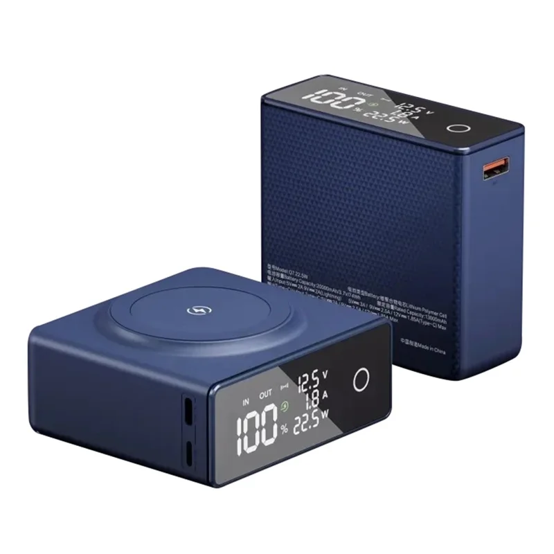 CYKE Q7 20000mAh Power Bank Digital Display 15W Phone Magnetic Wireless Charger - Blue