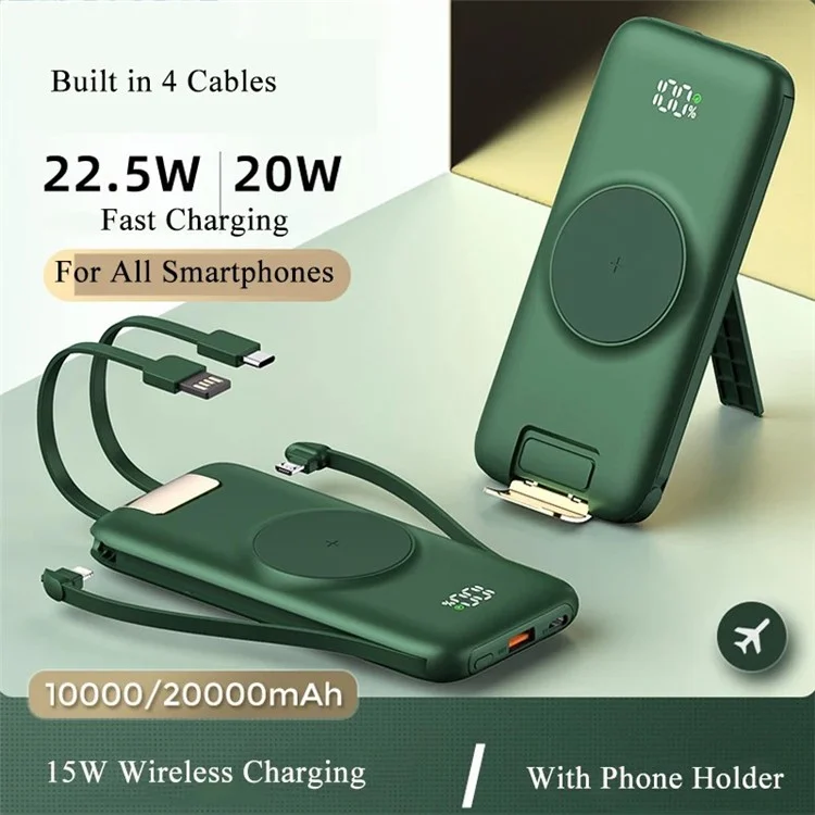 CYKE P2 20000mAh Power Bank with Charging Cable Portable Phone Charger with Stand - Green