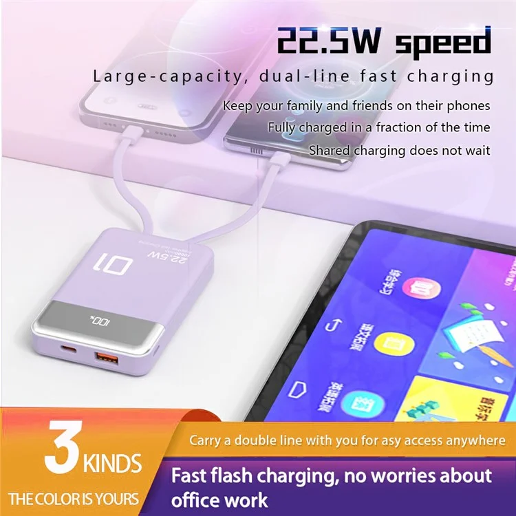 L1 Dual Cabled 22.5W 10000mAh Power Bank Fast Charging Phone Battery Pack - Noir
