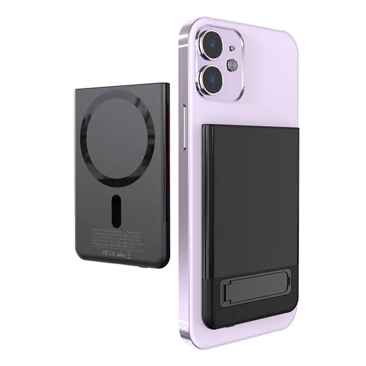 M10 Ultra Thin Metal Shell Magnetisches 15W Kabelloses Ladegerät 5000mAh Powerbank mit Ständer - Schwarz