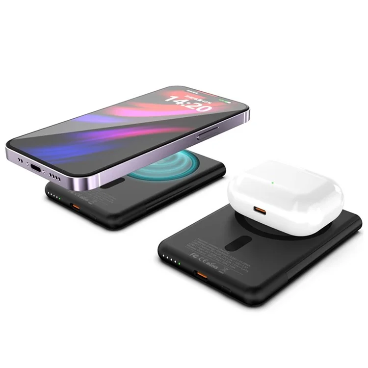 M10 Ultra Thin Metal Shell Magnetisches 15W Kabelloses Ladegerät 5000mAh Powerbank mit Ständer - Schwarz