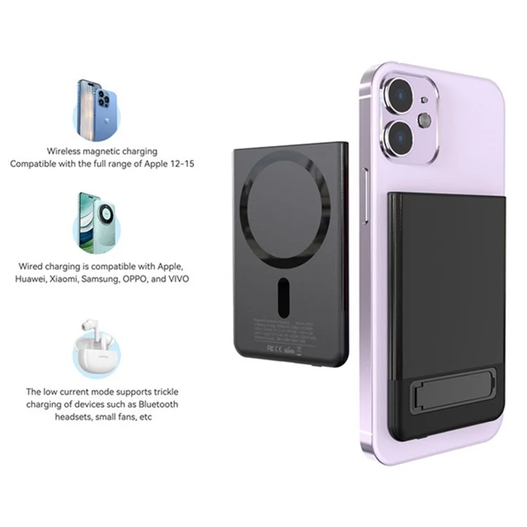 M10 Ultra Thin Metal Shell Magnetisches 15W Kabelloses Ladegerät 5000mAh Powerbank mit Ständer - Schwarz
