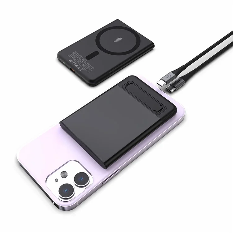M10 Ultra Thin Metal Shell Magnetisches 15W Kabelloses Ladegerät 5000mAh Powerbank mit Ständer - Schwarz