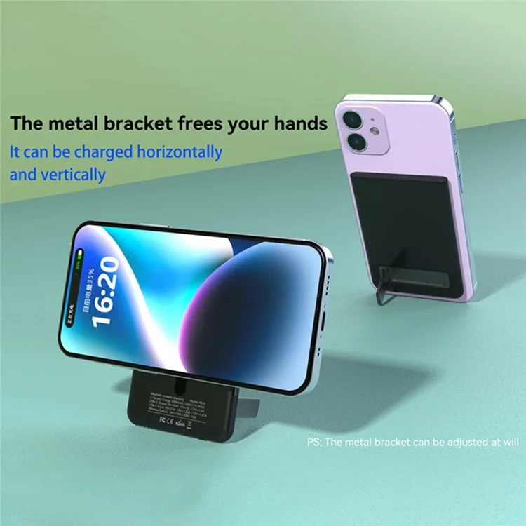 M10 Ultra Thin Metal Shell Magnetisches 15W Kabelloses Ladegerät 5000mAh Powerbank mit Ständer - Schwarz