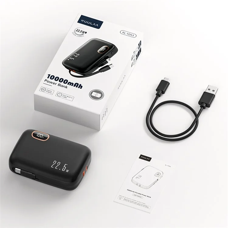 KUULAA KL-YD53 10000mAh Power Bank Cabled Design 22.5W Fast Phone Portable Charger - Black