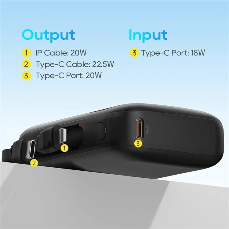 KUULAA KL-YD53 10000mAh Power Bank Cabled Design 22.5W Fast Phone Portable Charger - Black
