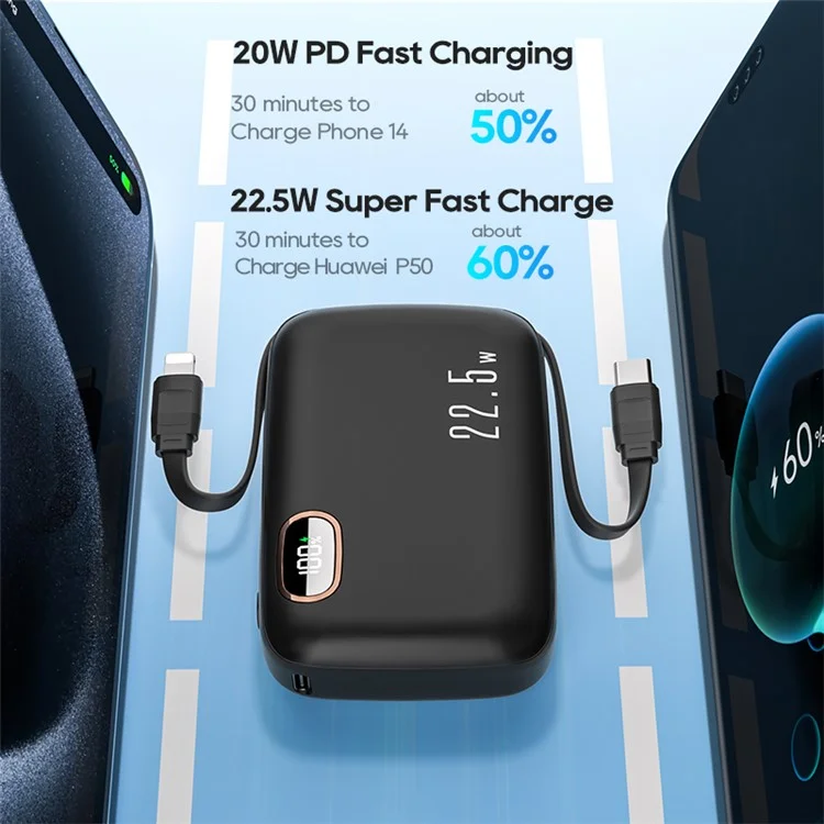 KUULAA KL-YD53 10000mAh Power Bank Cabled Design 22.5W Fast Phone Portable Charger - Black
