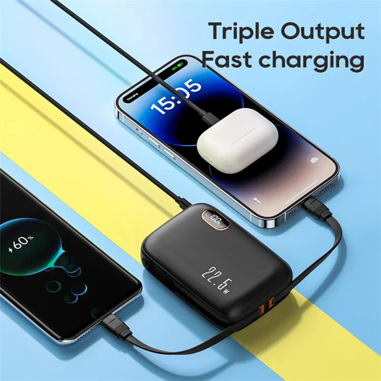 KUULAA KL-YD53 10000mAh Power Bank Cabled Design 22.5W Fast Phone Portable Charger - Black