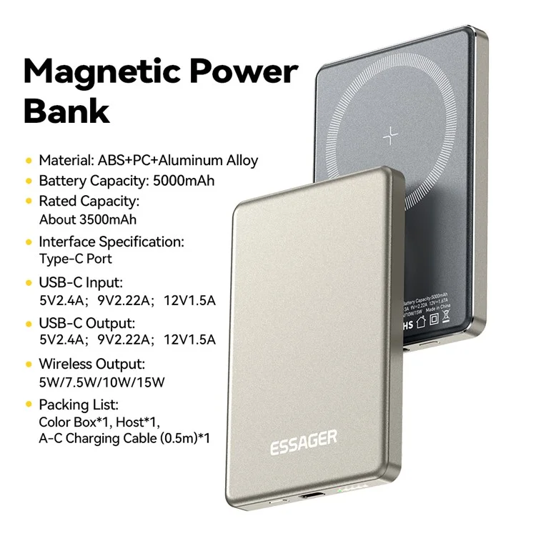 ESSAGER Magnetic Power Bank 5000mAh Ultra Slim Wireless Charging Battery Pack - Titanium