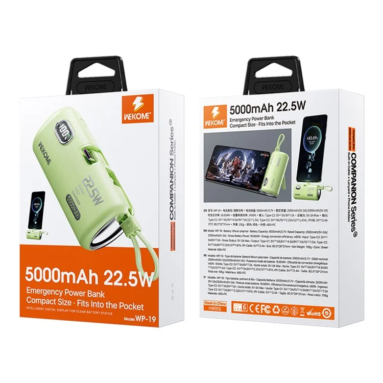 WEKOME WP-19 5000mAh Power Bank 22.5W Fast Phone Charger Pocket Mobile Power Supply - Verde