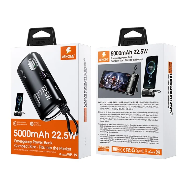 WEKOME WP-19 5000mAh Power Bank 22.5W Caricabatterie Rapido per Telefono Alimentatore Portatile - Nero