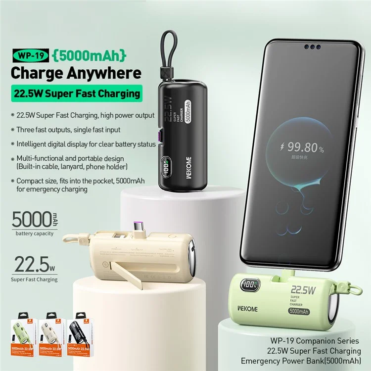 WEKOME WP-19 5000mAh Power Bank 22.5W Caricabatterie Rapido per Telefono Alimentatore Portatile - Nero