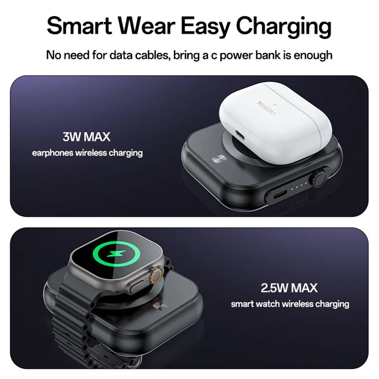 Batterie externe YESIDO YP59 5000mAh PD 20W, chargeur sans fil pour téléphone, montre et écouteurs