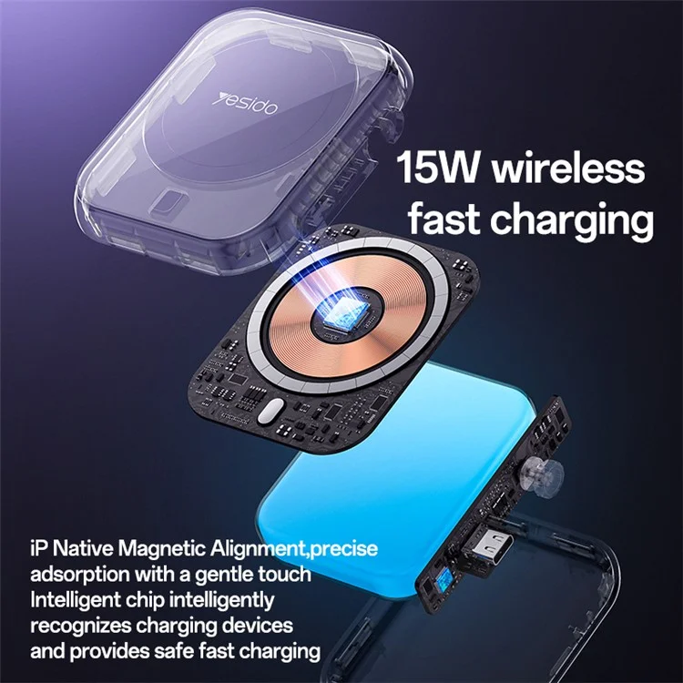 Batterie externe YESIDO YP59 5000mAh PD 20W, chargeur sans fil pour téléphone, montre et écouteurs
