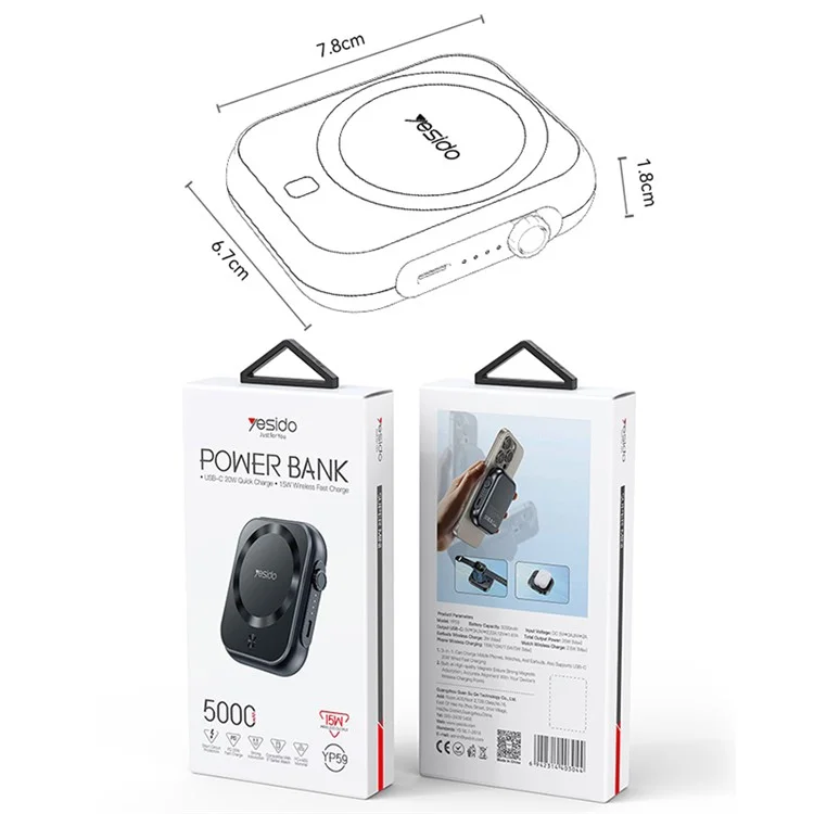 Batterie externe YESIDO YP59 5000mAh PD 20W, chargeur sans fil pour téléphone, montre et écouteurs