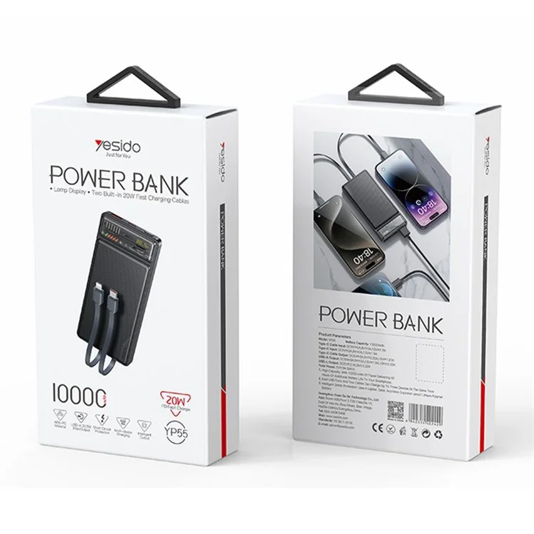 YESIDO YP55 PD 20W + 22.5W Fast Charging 10000mAh Power Bank Built-in with Type-C+iP Cable