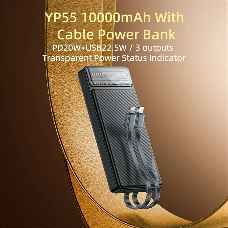 YESIDO YP55 PD 20W + 22.5W Fast Charging 10000mAh Power Bank Built-in with Type-C+iP Cable