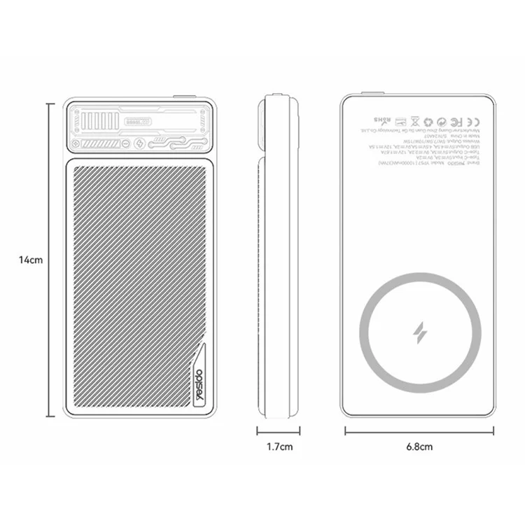 YESIDO YP57 Type-C+USB Dual Output 10000mAh Tragbare magnetische Power Bank