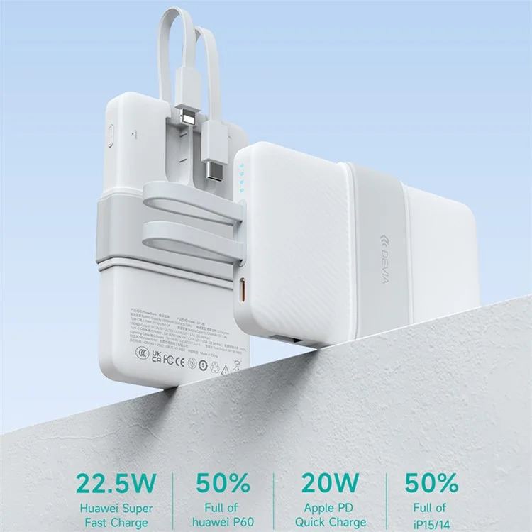 DEVIA Smart Series EP186 22.5W Power Bank Built-In Two Cables 10000mAh Portable Phone Charger