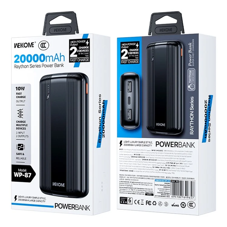 WEKOME WP-87 Raython Series Power Bank 20000mAh Portable Phone Charger Battery Pack - Black