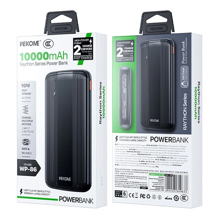 WEKOME WP-86 Raython Series Portable Charger Power Bank 10000mAh External Battery Pack - Black
