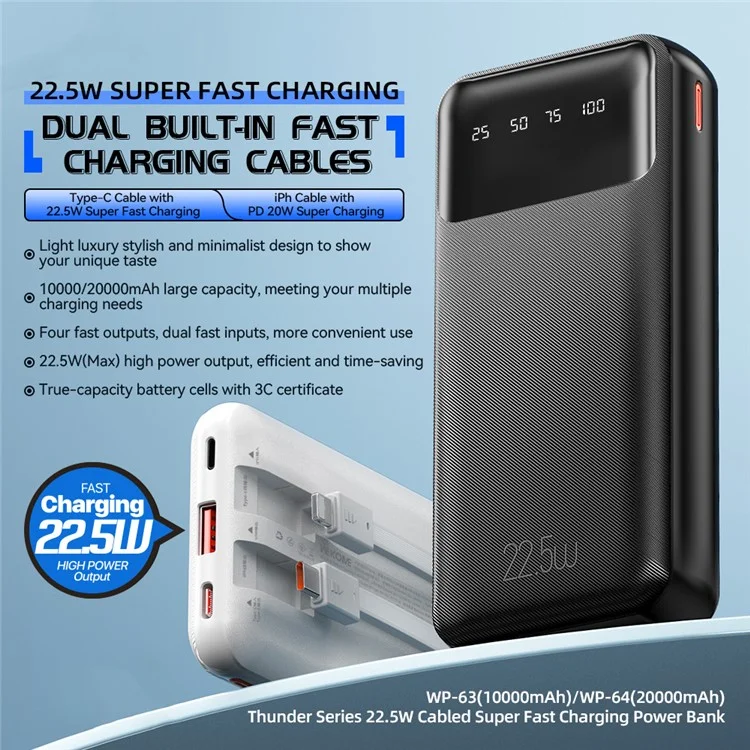 WEKOME WP-63 Batteria esterna da 10000mAh con ricarica rapida a 22,5W e 4 porte di uscita - Nero 