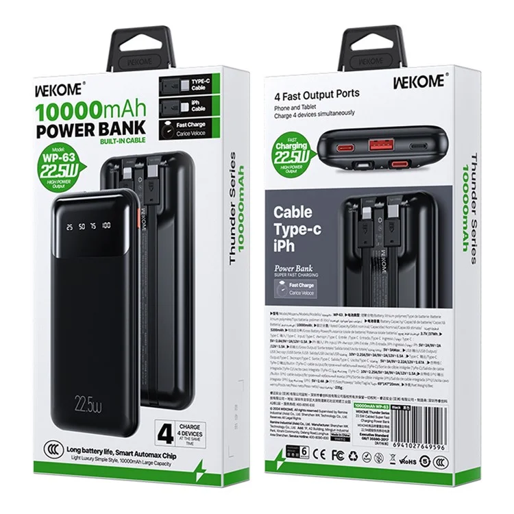 WEKOME WP-63 Batteria esterna da 10000mAh con ricarica rapida a 22,5W e 4 porte di uscita - Nero 