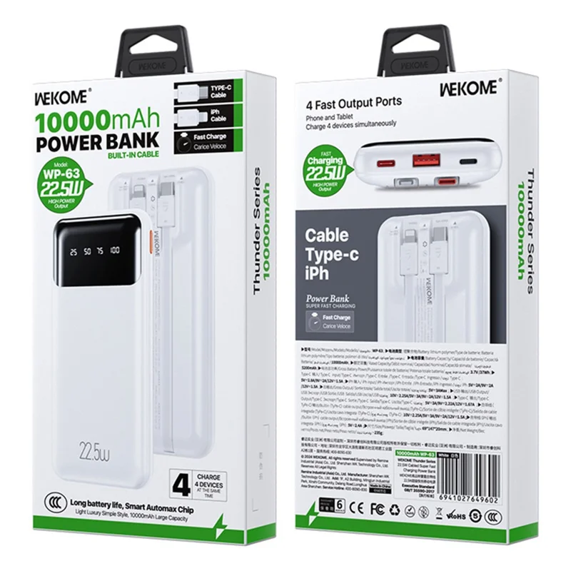 WEKOME WP-63 10000mAh 22.5W Fast Charging Power Bank 4 Outputs Phone External Battery - White
