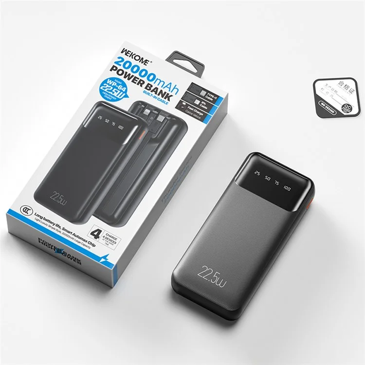 WEKOME WP-64 22.5W Super Fast Charging Power Bank 20000mAh Portable Phone Charger Battery Pack with 2 Cables - Black