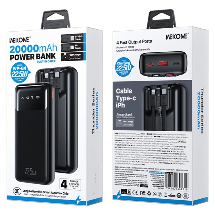 WEKOME WP-64 22.5W Super Fast Charging Power Bank 20000mAh Portable Phone Charger Battery Pack with 2 Cables - Black